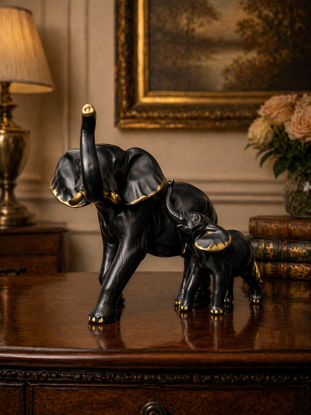 Luxury Black Elephant Family Statue – Decor Set (Mother & Baby)
