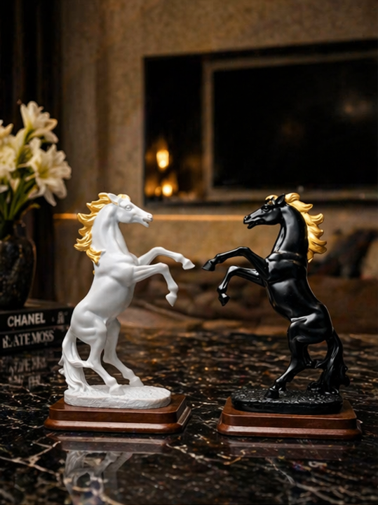 Luxury Horse Statue Set Small – Black & White Gold Finish Home Décor