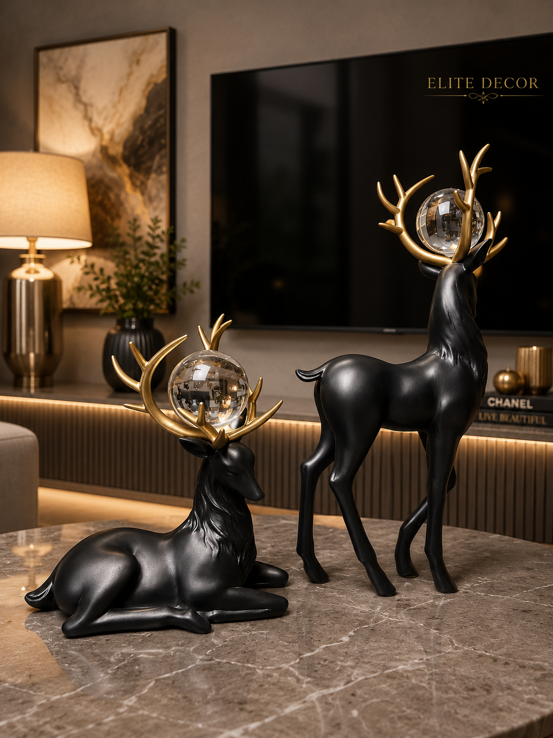 Crystal Antler Deer Couple Statue Set – Premium Luxury Home Decor