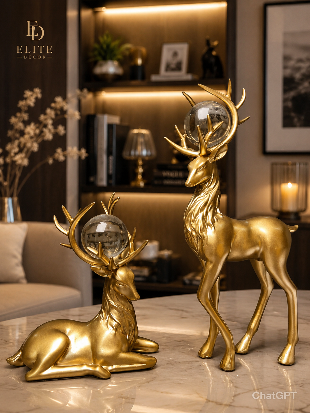 Golden Crystal Deer Couple Statue Set – Luxury Home Decor Showpiece