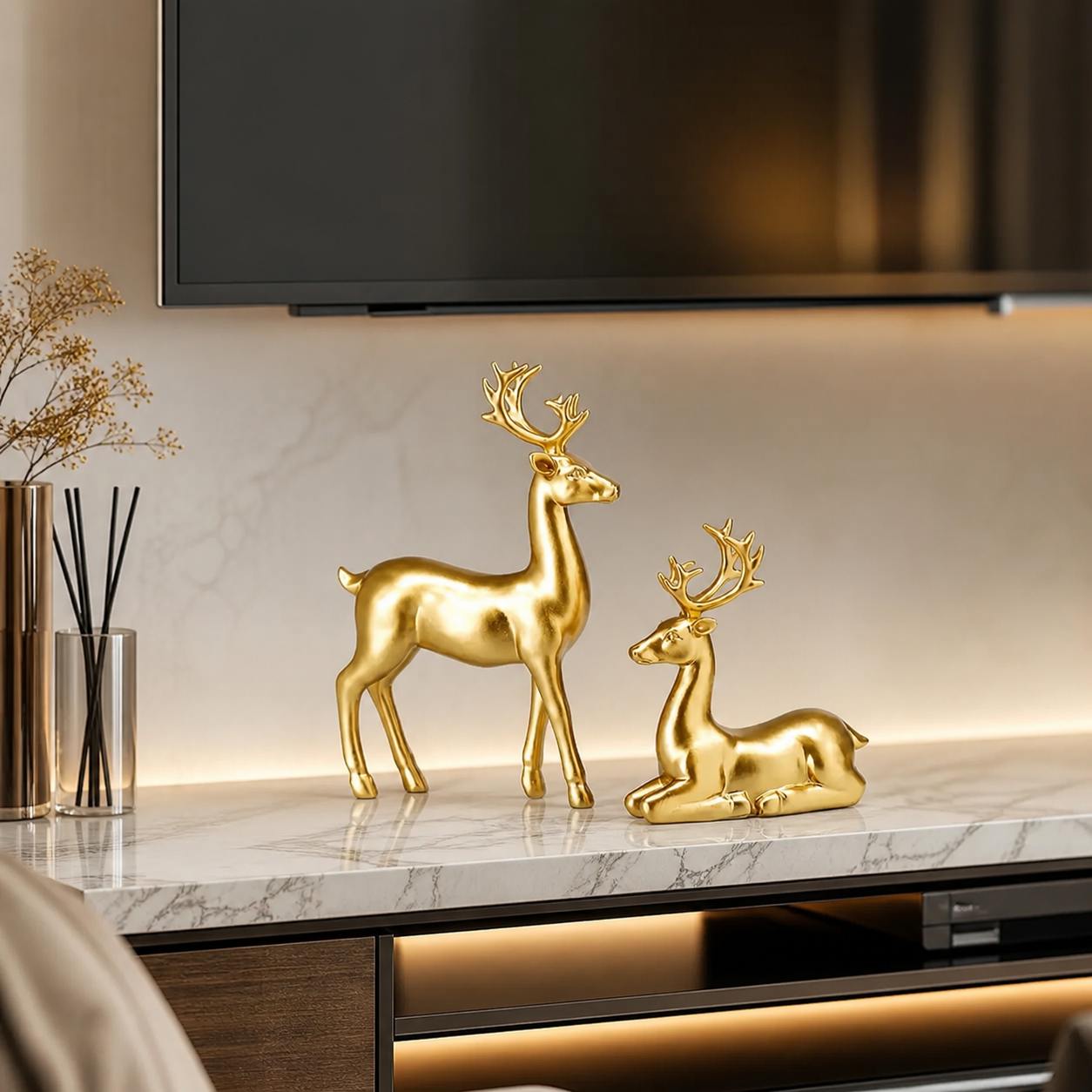 Elegant Golden Deer Statue Set – Luxury Decorative Deer Figurines for TV Lounge & Home Décor