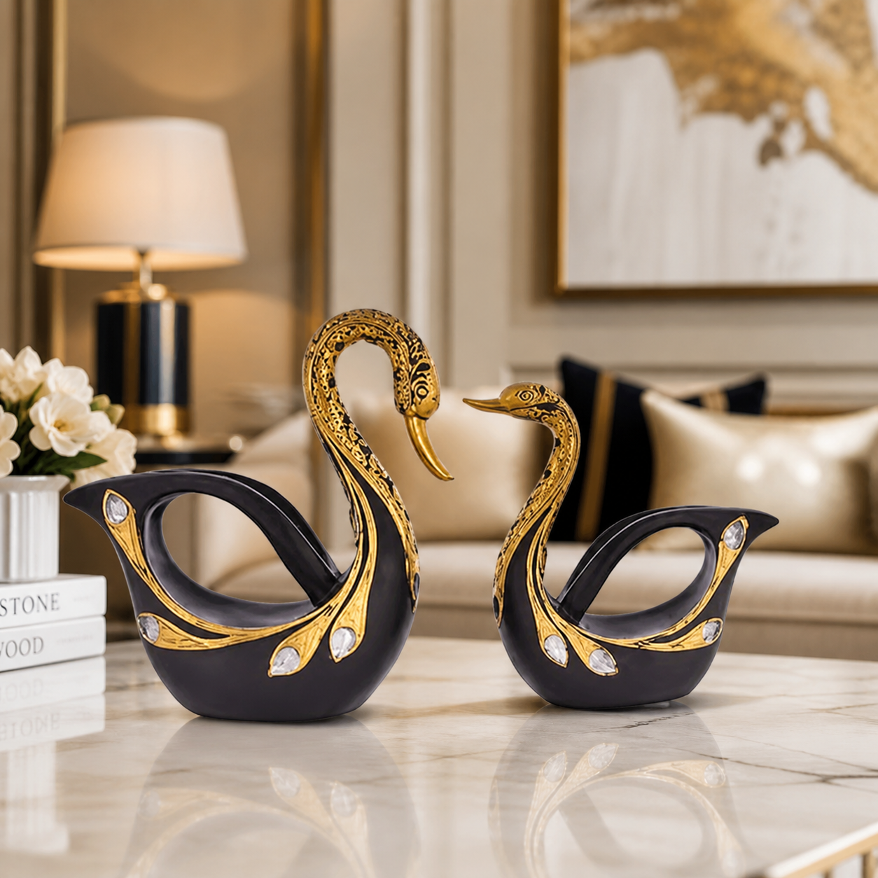 uxury Swan Couple Figurines – Black & Gold Decorative Swan Set