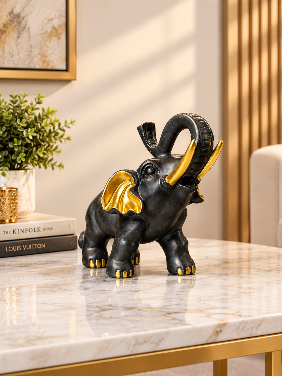 Luxury Black & Gold Elephant Showpiece – Elegant Home Decor Accent