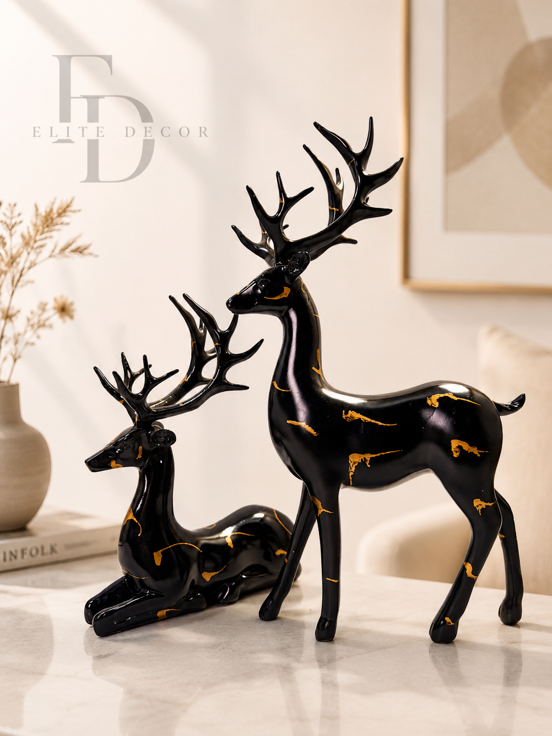 Black & Gold Deer Sculpture Set