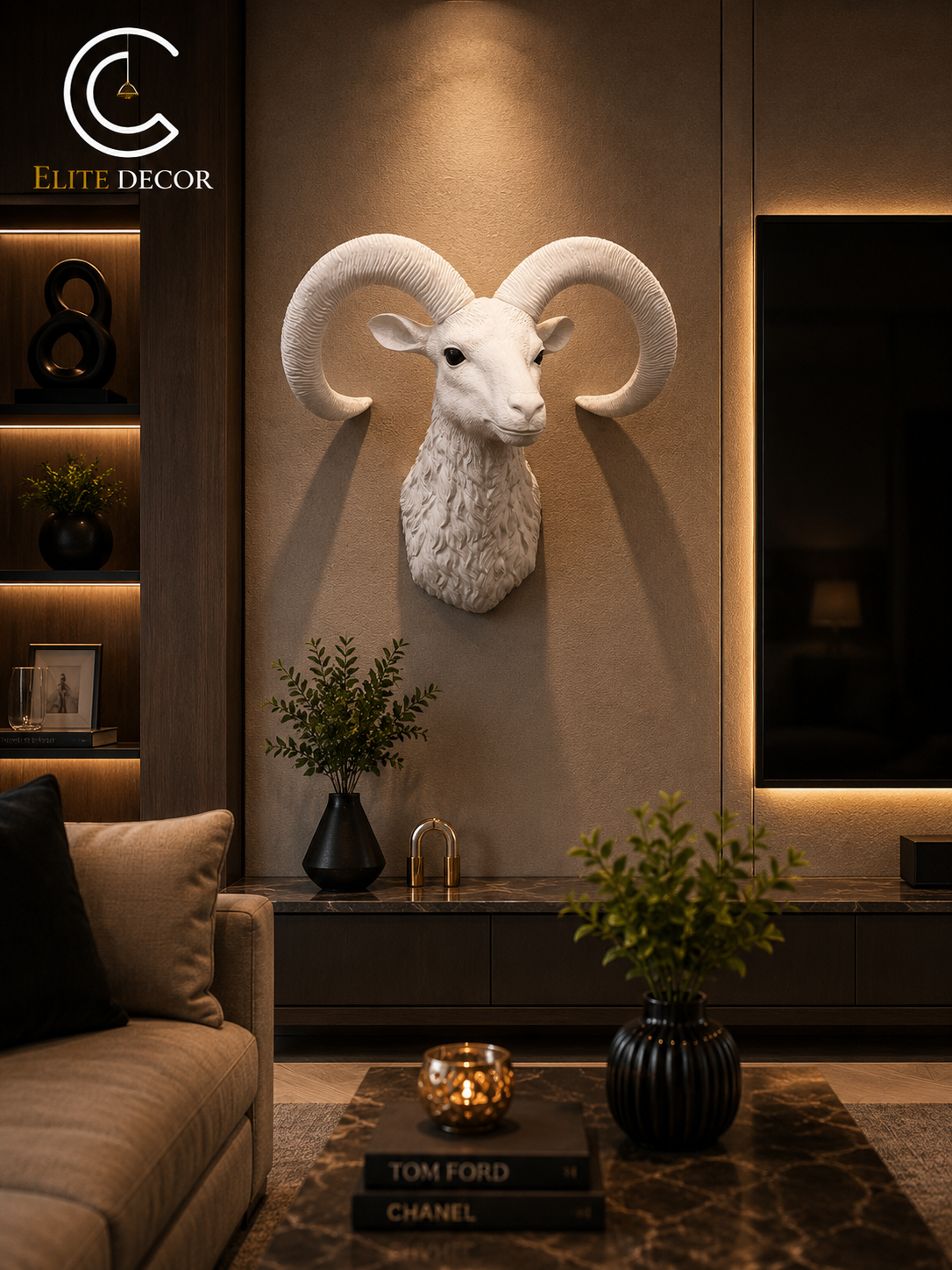 Luxury White Ram Wall Decor Head – Premium Nordic Style Wall Sculpture