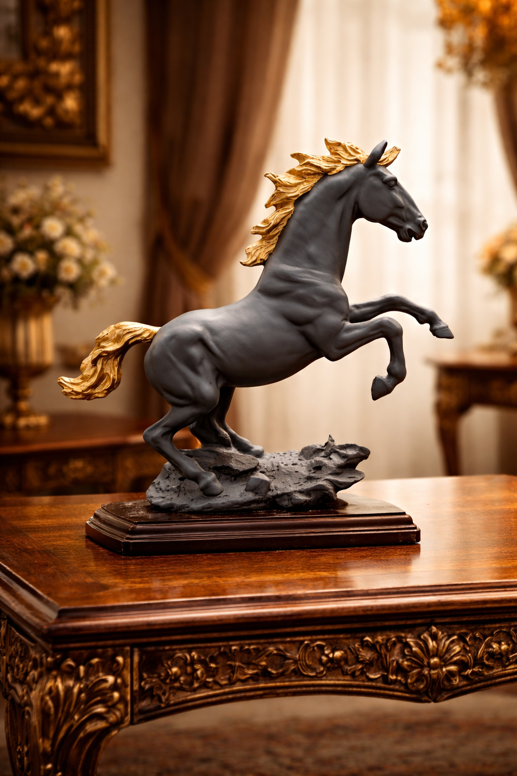 Premium Black & Gold Rearing Horse Statue – Luxury Table Decor