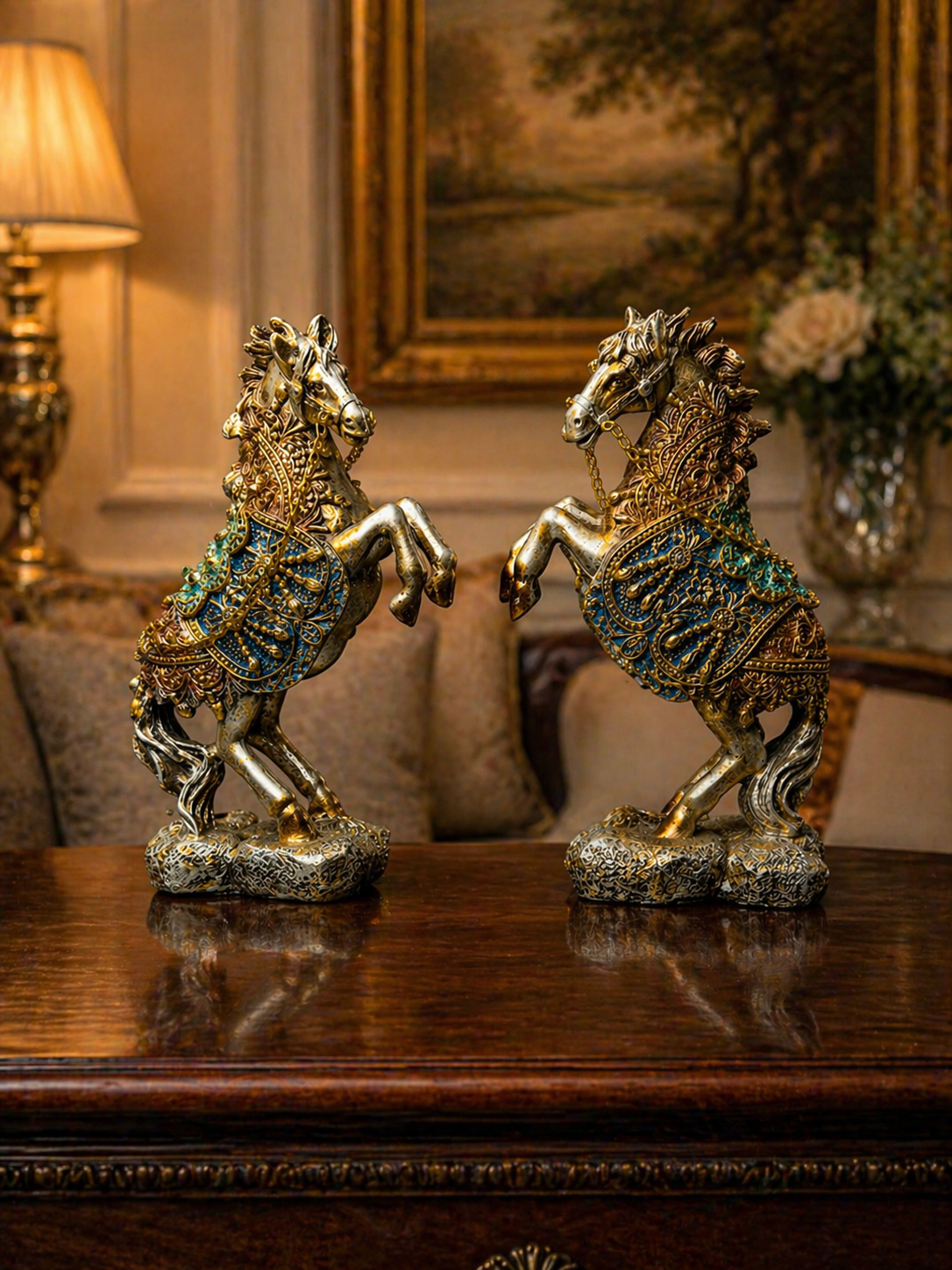 PAIR OF Royal Golden Horse Statue Set