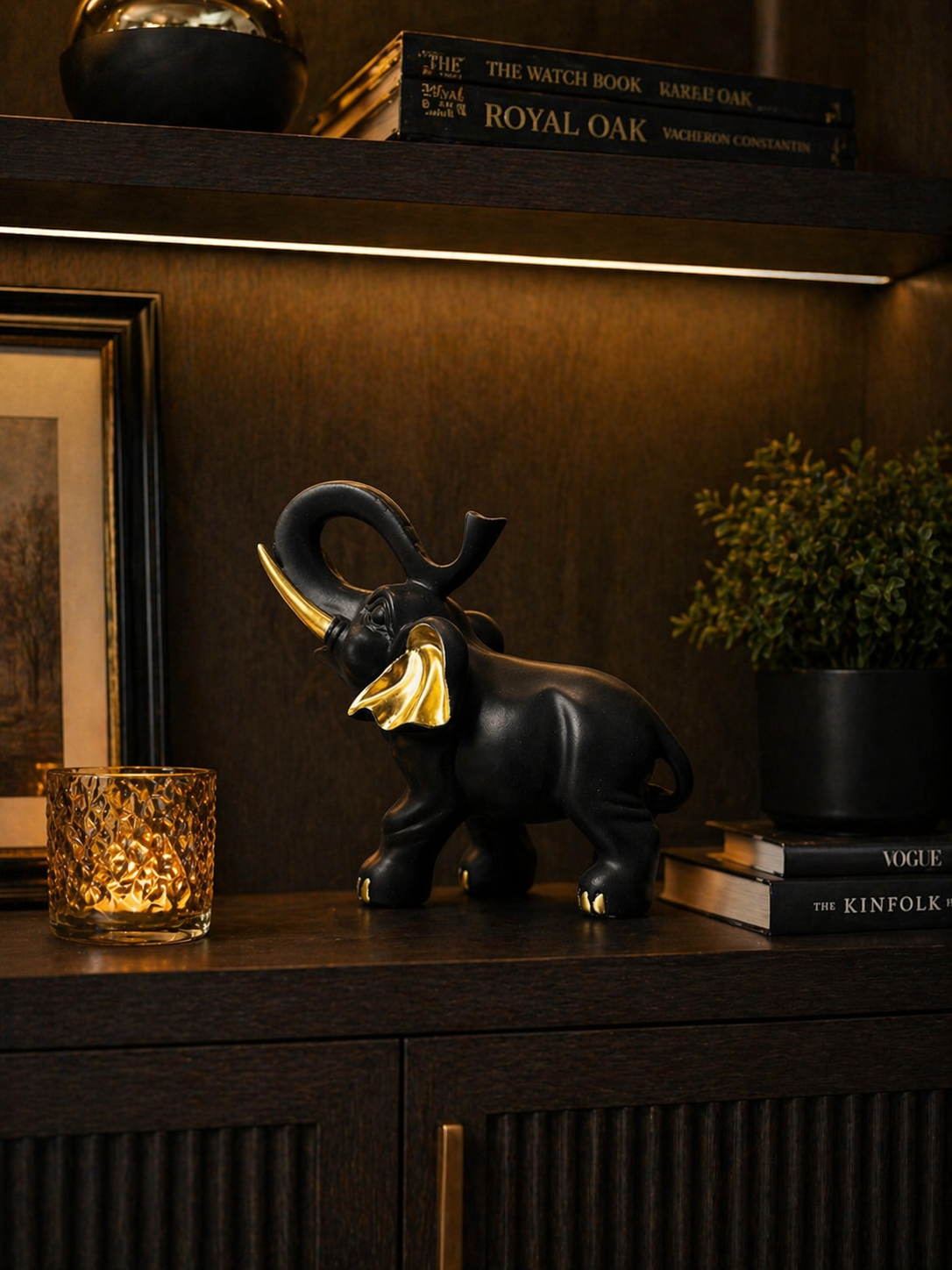Luxury Black & Gold Elephant Showpiece – Elegant Home Decor Accent