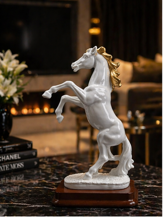 Luxury  Horse Statue Set Small – Black & White Gold Finish Home Décor