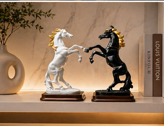 Luxury  Horse Statue Set Small – Black & White Gold Finish Home Décor