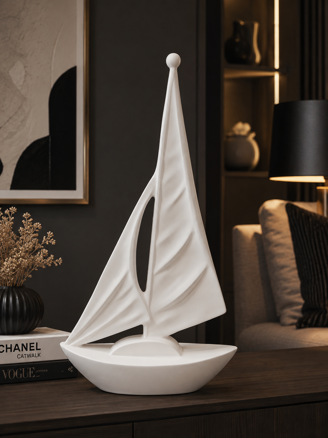 Luxury White Sailboat Decor – Modern Tabletop Ornament
