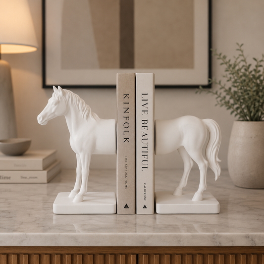 Luxury White Horse Bookend Set – Elegant Polyresin Decorative Book Holder