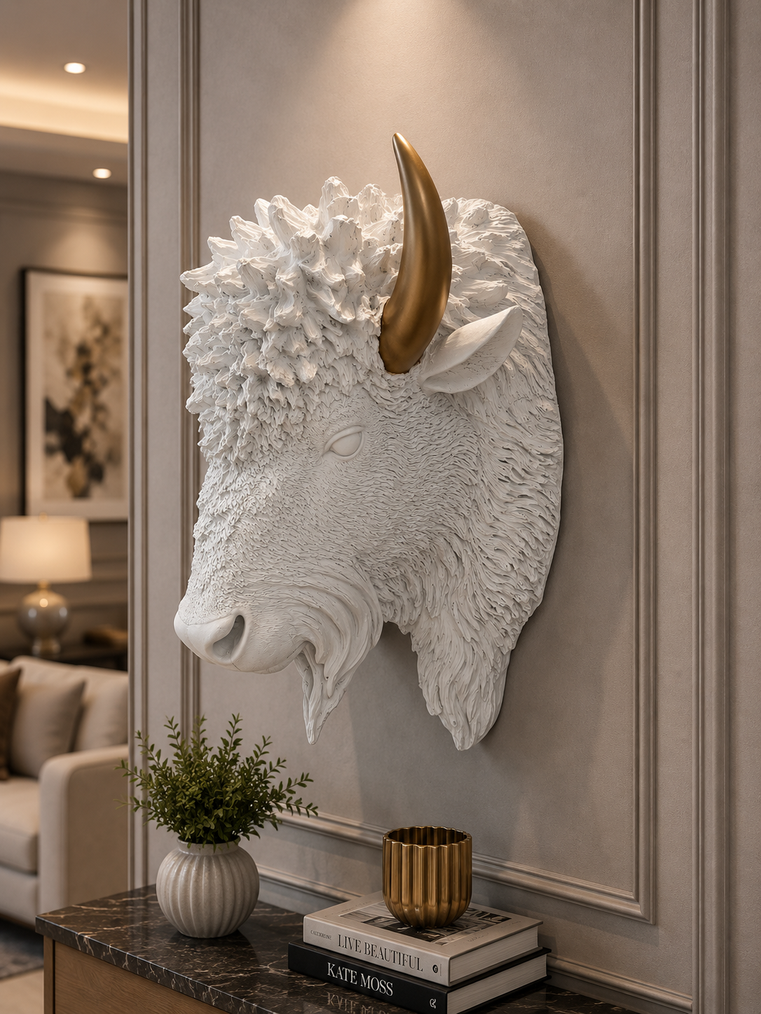 Luxury White Buffalo Head Wall Sculpture with Gold Horns