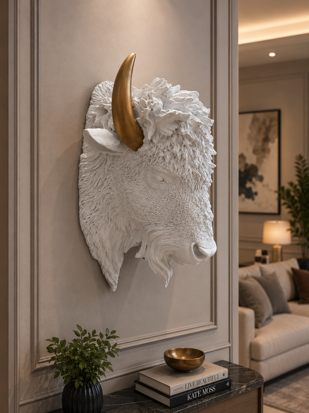 Luxury White Buffalo Head Wall Sculpture with Gold Horns