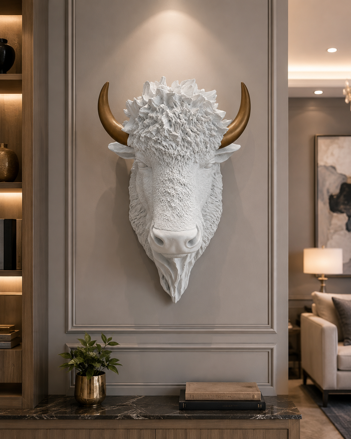 Luxury White Buffalo Head Wall Sculpture with Gold Horns