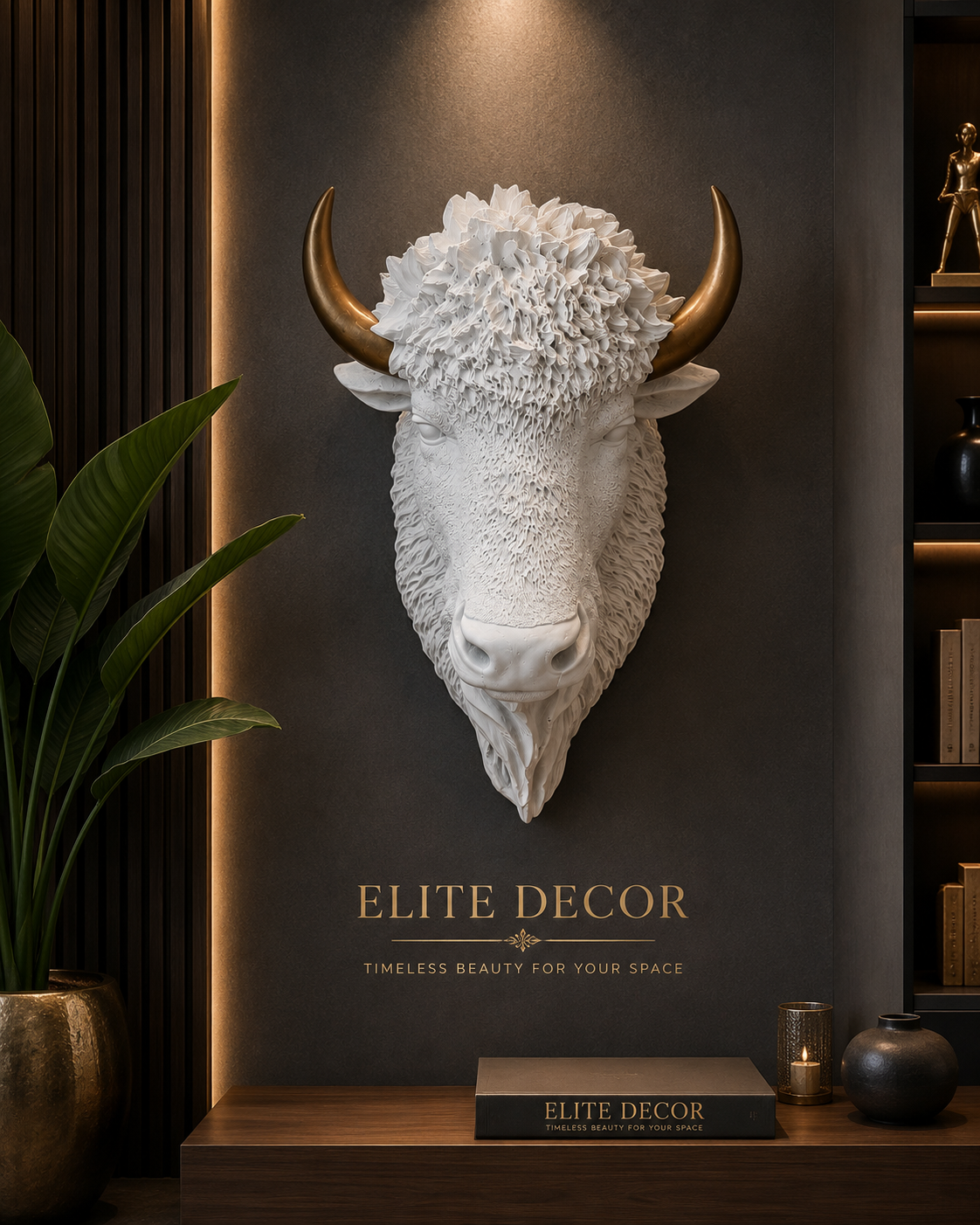 Luxury White Buffalo Head Wall Sculpture with Gold Horns