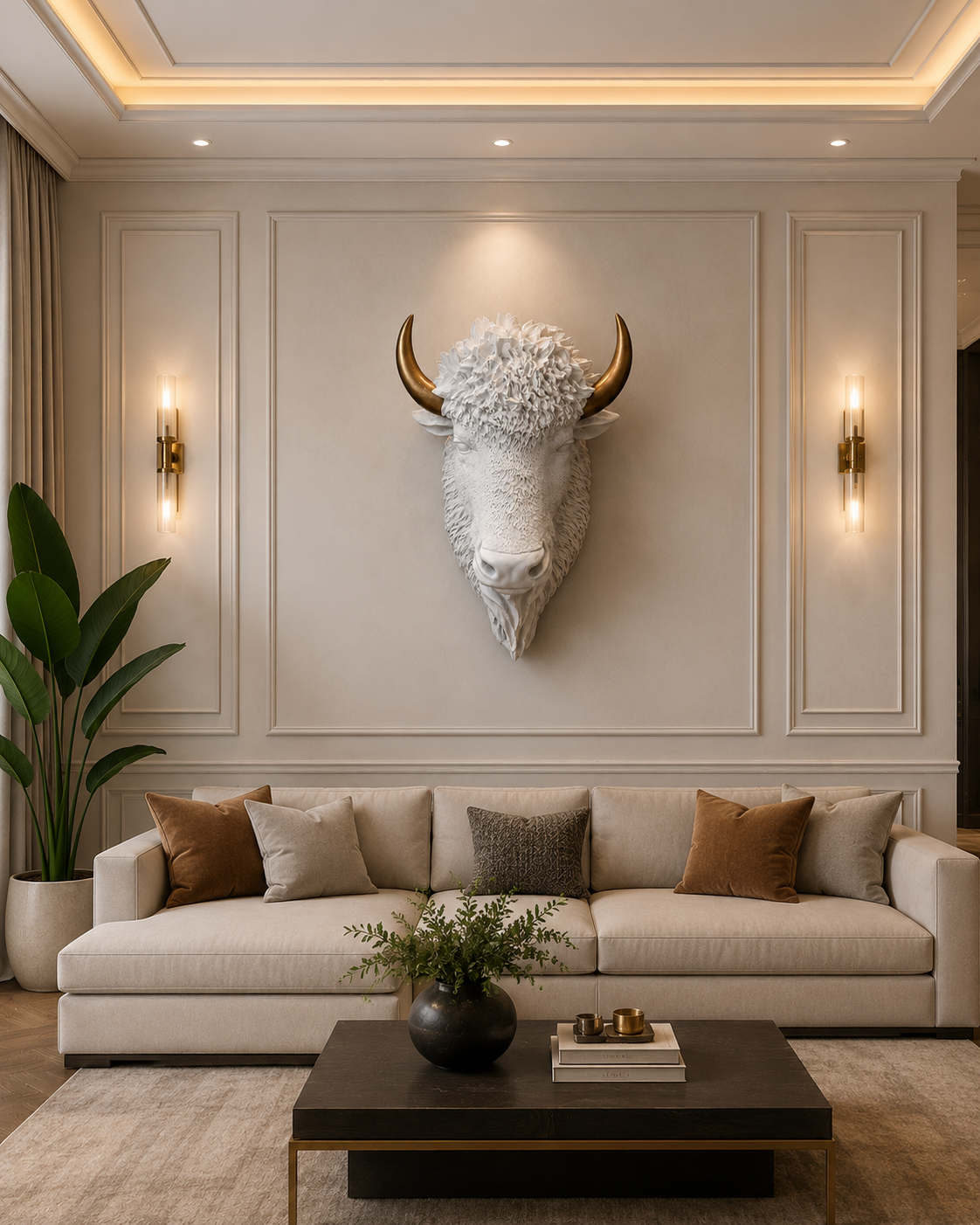 Luxury White Buffalo Head Wall Sculpture with Gold Horns