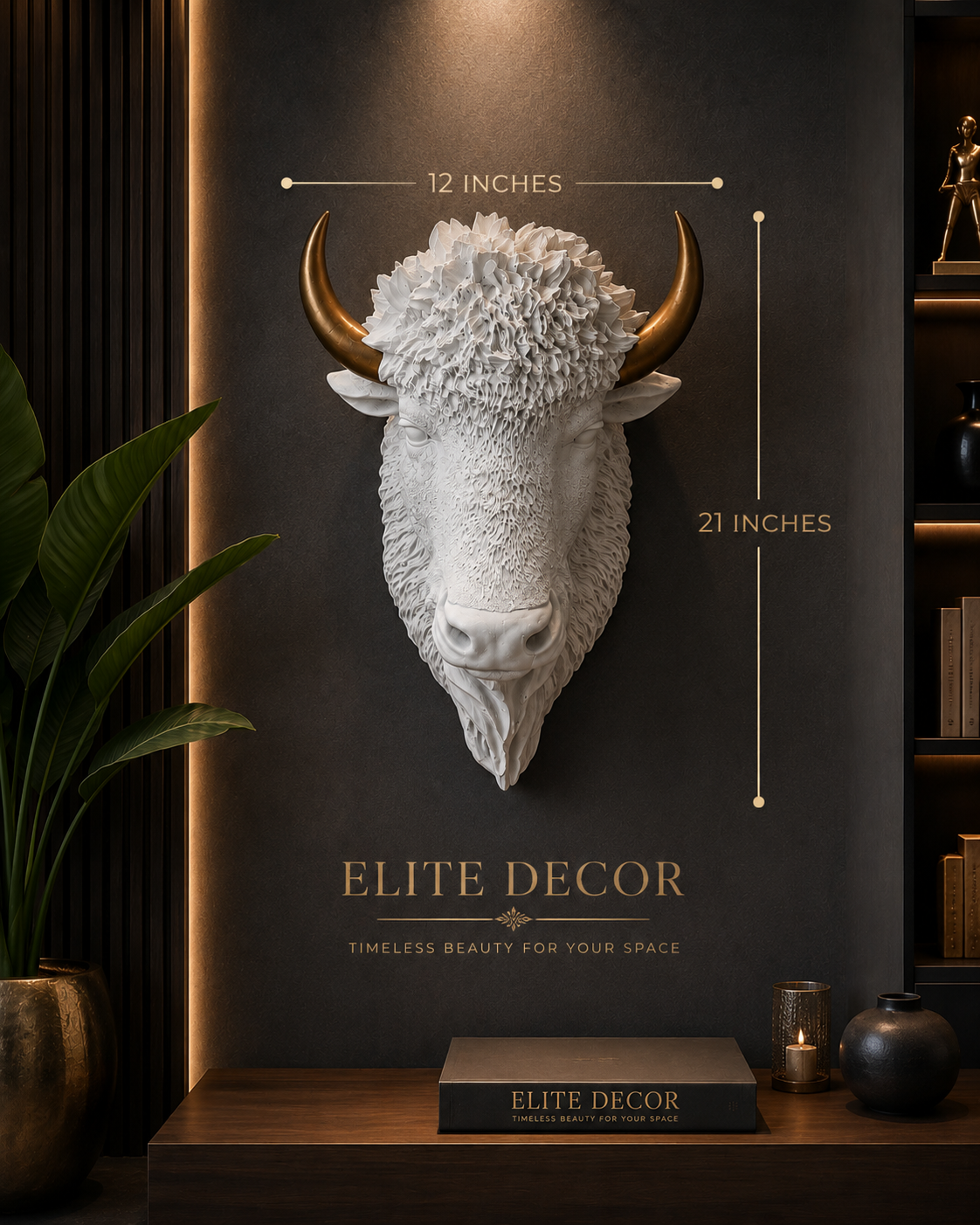 Luxury White Buffalo Head Wall Sculpture with Gold Horns