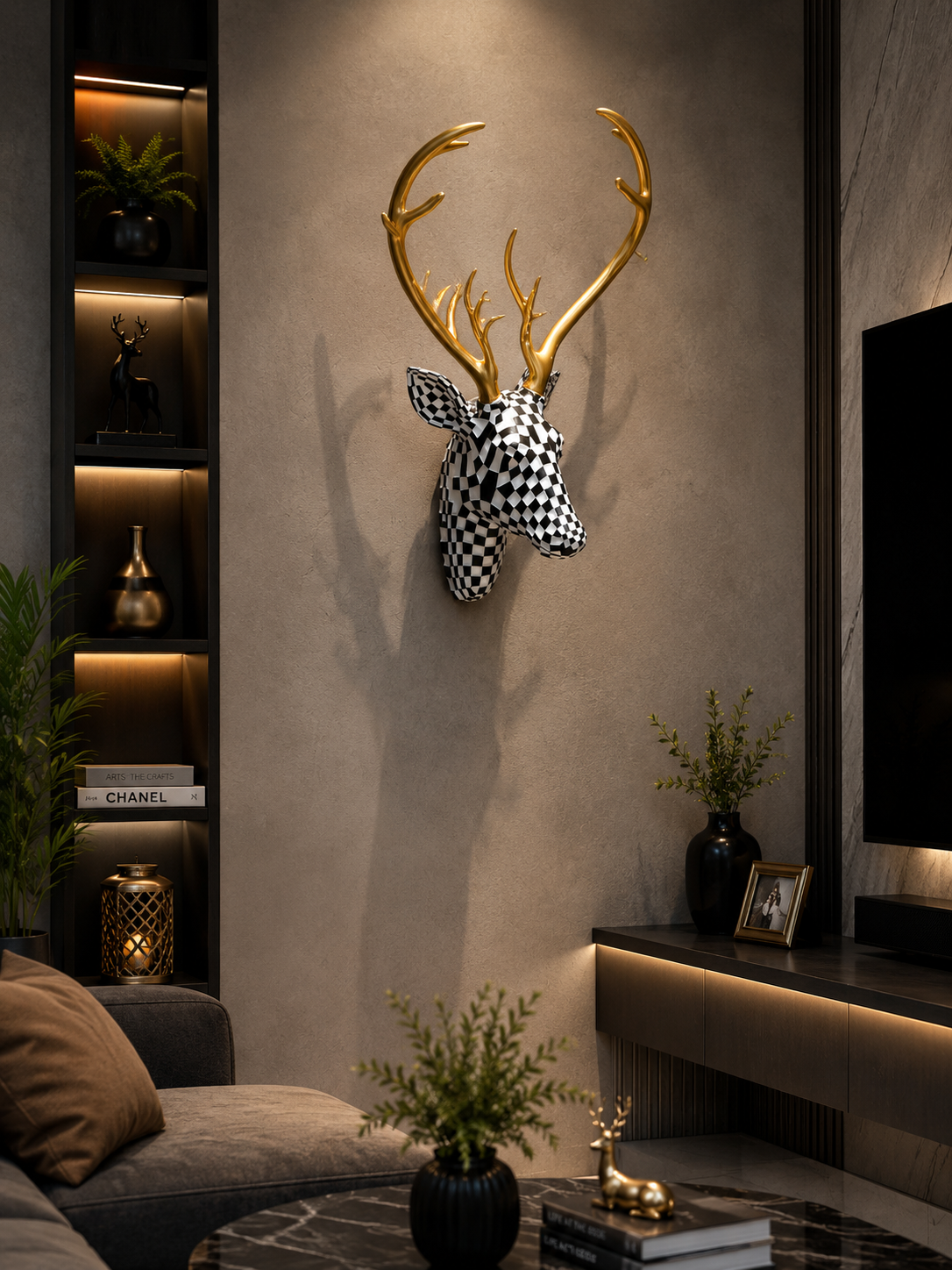 Luxury Black & White Checkered Deer Head Wall Decor with Golden Antlers