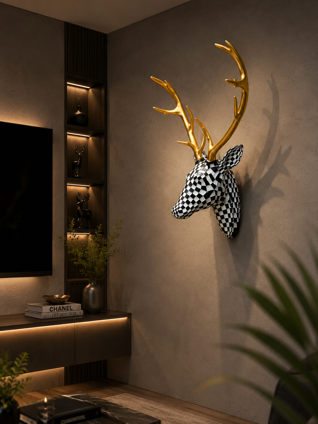 Luxury Black & White Checkered Deer Head Wall Decor with Golden Antlers