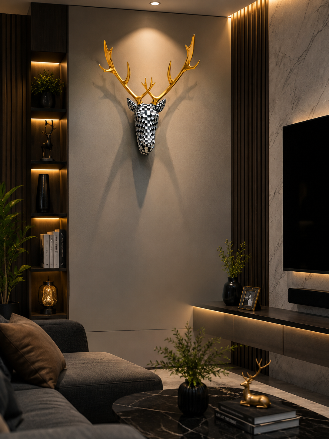 Luxury Black & White Checkered Deer Head Wall Decor with Golden Antlers