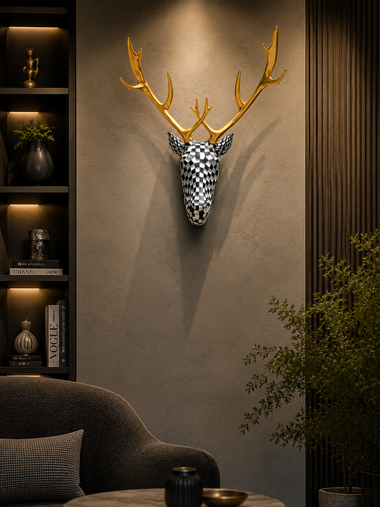 Luxury Black & White Checkered Deer Head Wall Decor with Golden Antlers