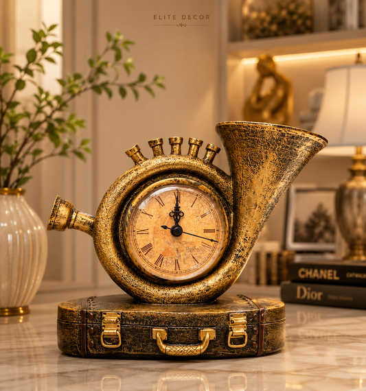 Vintage Brass Horn Table Clock – Luxury Retro Decor