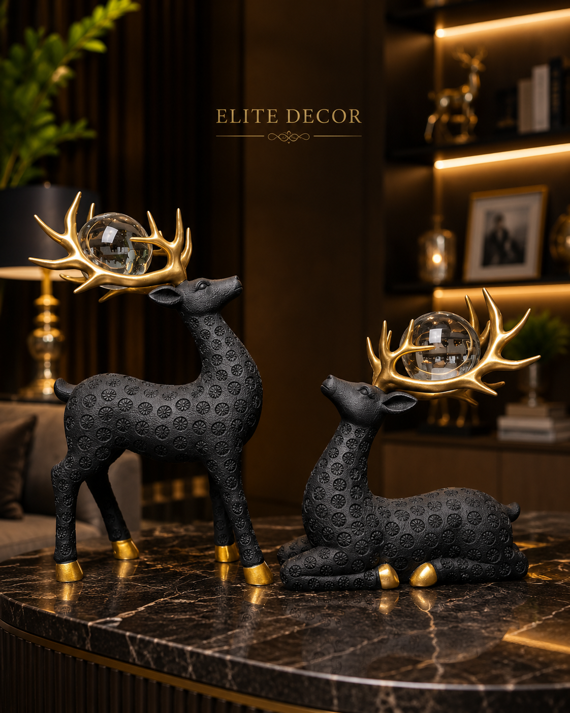 Black Crystal Deer Couple Statue Set – Luxury Modern Home Decor