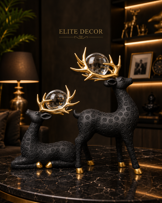 Black Crystal Deer Couple Statue Set – Luxury Modern Home Decor