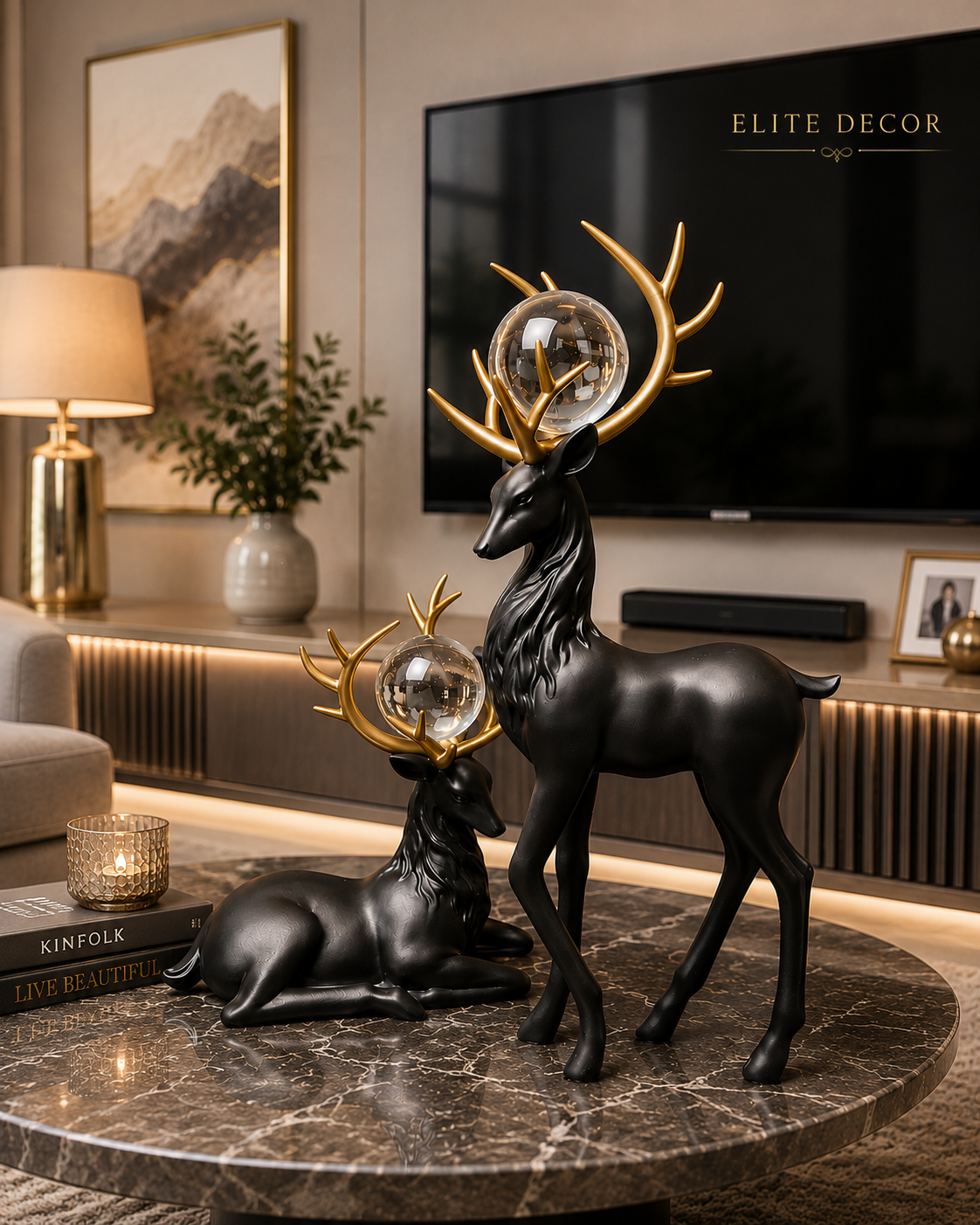 Crystal Antler Deer Couple Statue Set – Premium Luxury Home Decor