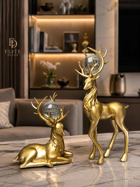 Golden Crystal Deer Couple Statue Set – Luxury Home Decor Showpiece