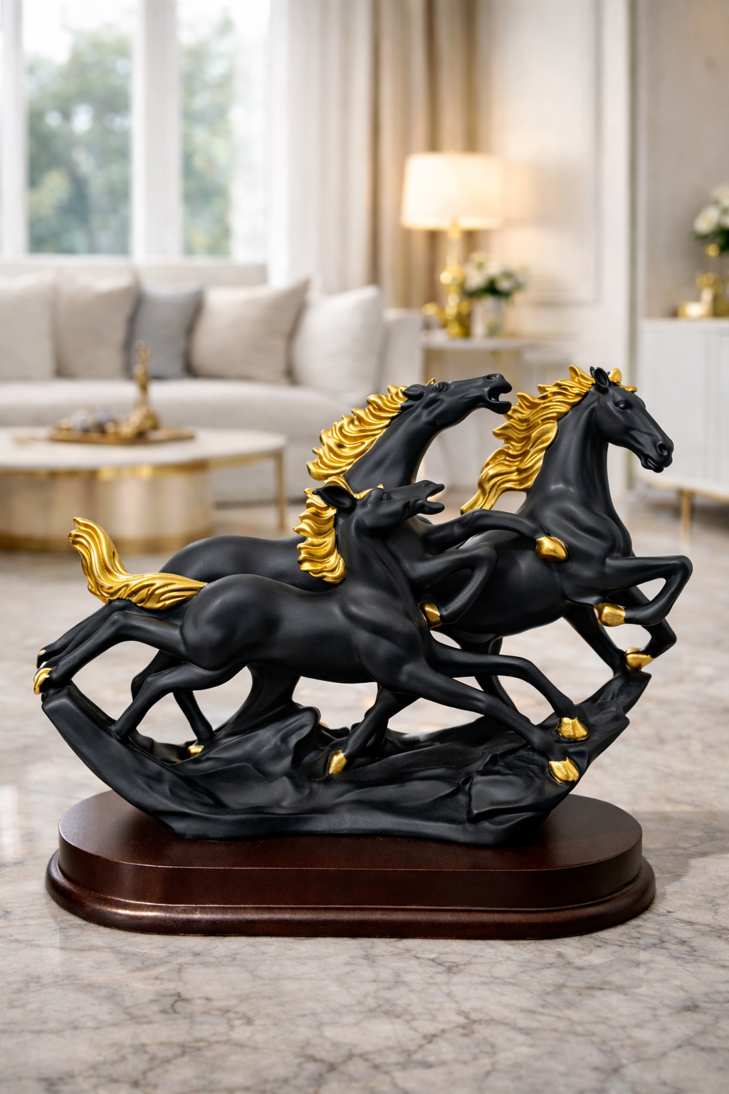 3 Running Horse Sculpture – Black & White with Wooden Base