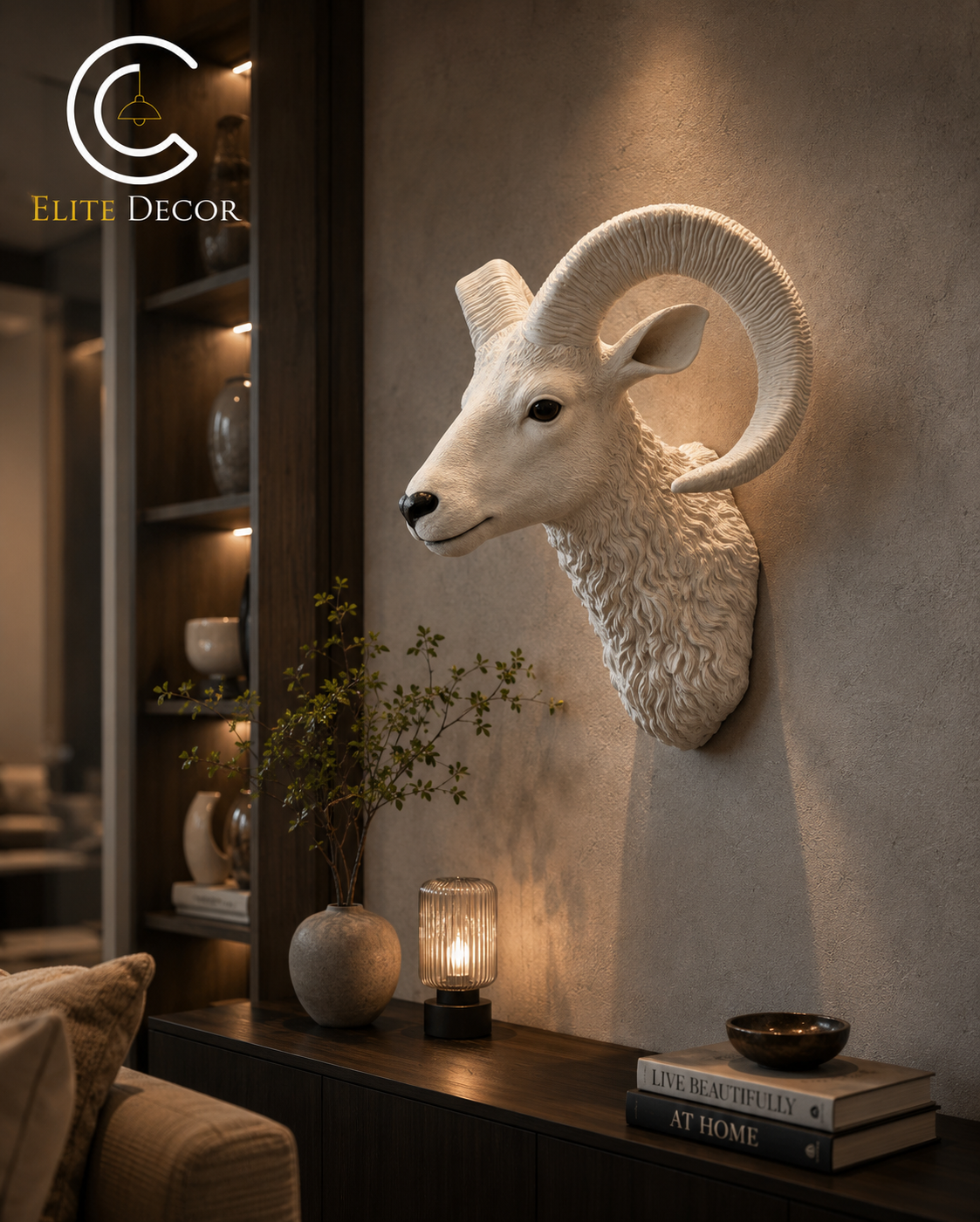 Luxury White Ram Wall Decor Head – Premium Nordic Style Wall Sculpture