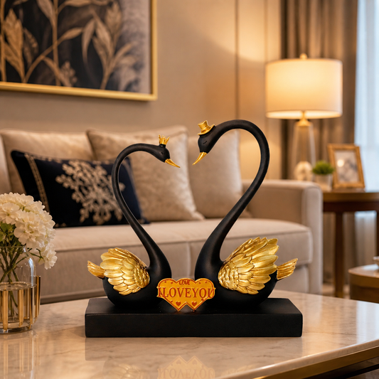 Romantic Swan Couple Statue – Black & Gold Love Swan Décor