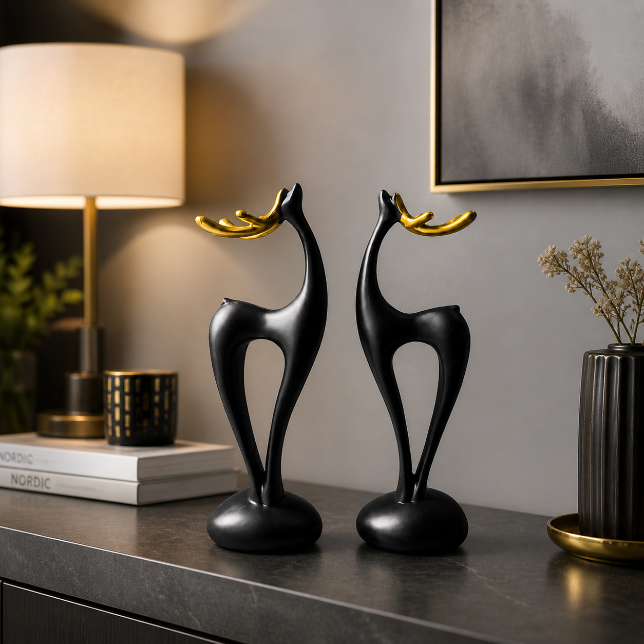 Luxury Abstract Deer Pair Figurines – Gold & Black Decorative Deer Statue