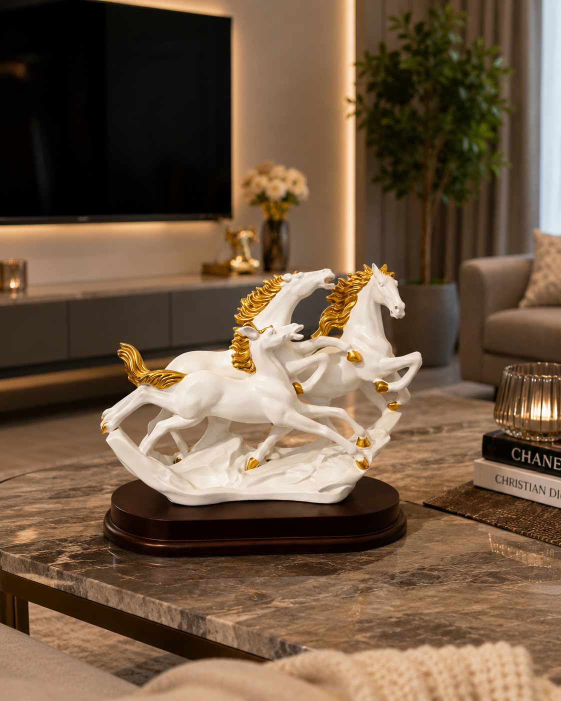3 Running Horse Sculpture – Black & White with Wooden Base