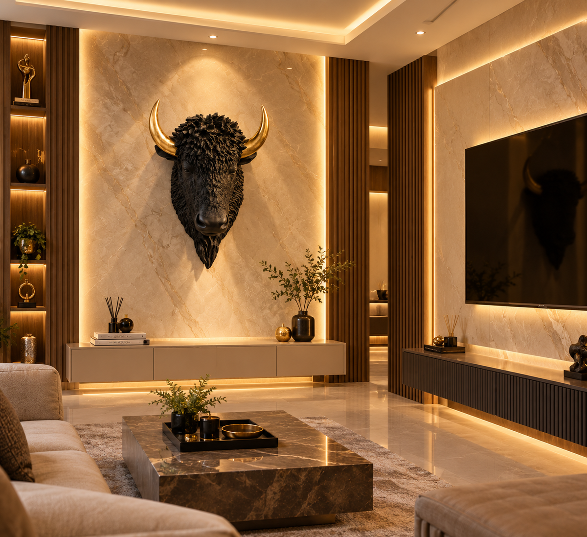Luxury White Buffalo Head Wall Sculpture with Gold Horns