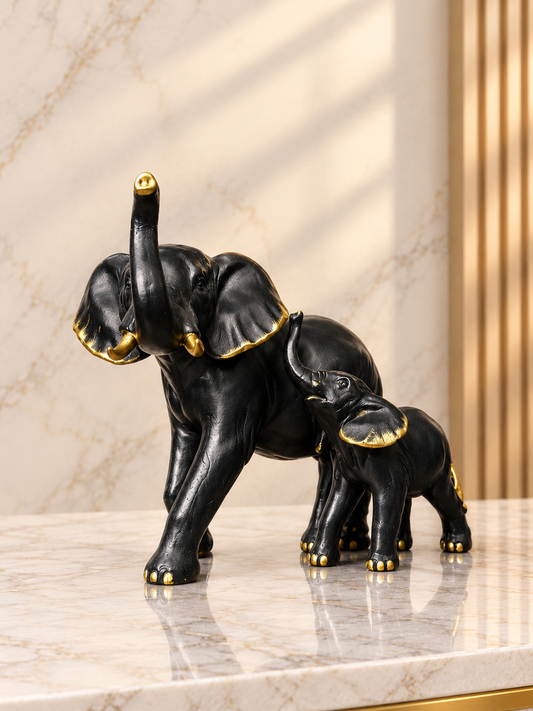 Luxury Black Elephant Family Statue –  Decor Set (Mother & Baby)
