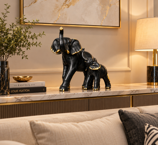 Luxury Black Elephant Family Statue –  Decor Set (Mother & Baby)