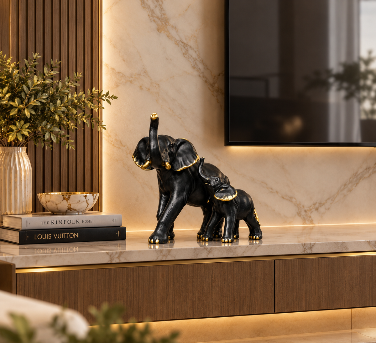 Luxury Black Elephant Family Statue –  Decor Set (Mother & Baby)