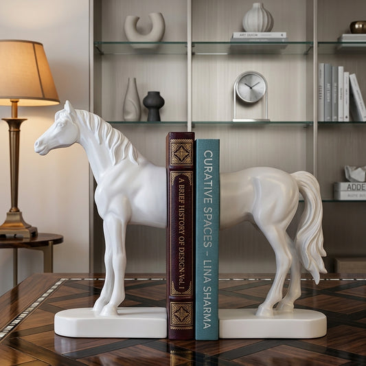 Luxury White Horse Bookend Set – Elegant Polyresin Decorative Book Holder