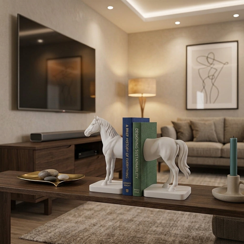 Luxury White Horse Bookend Set – Elegant Polyresin Decorative Book Holder
