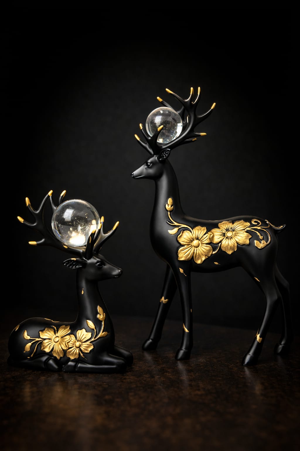 2 Deer Set – Black & Golden with Crystal Balls