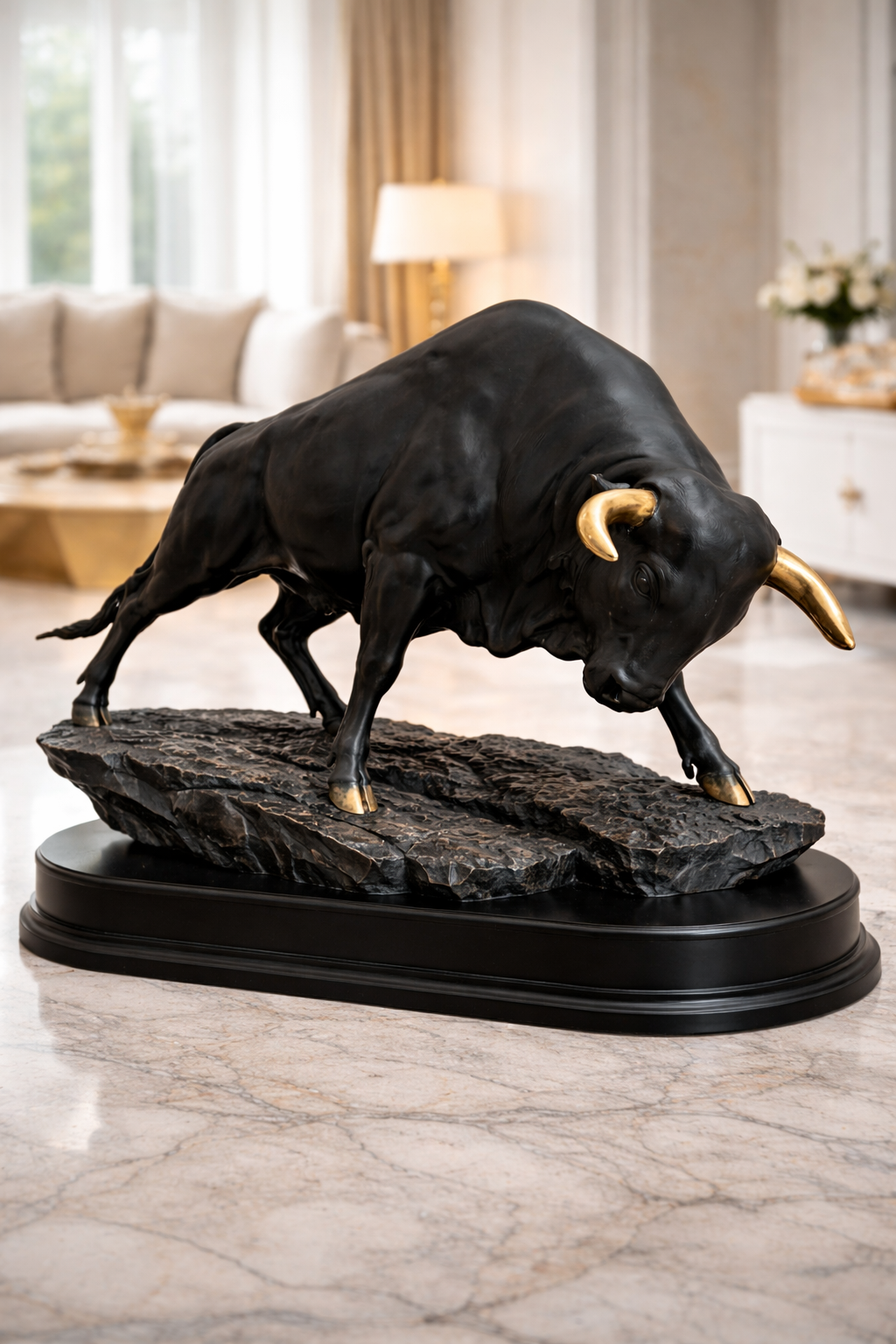 Premium Black Buffalo Sculpture – Strong Base