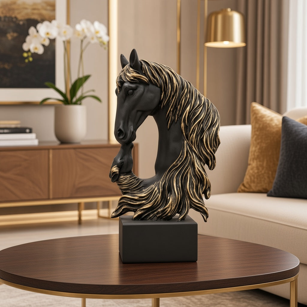 2 face black premium horse with long golden hairs
